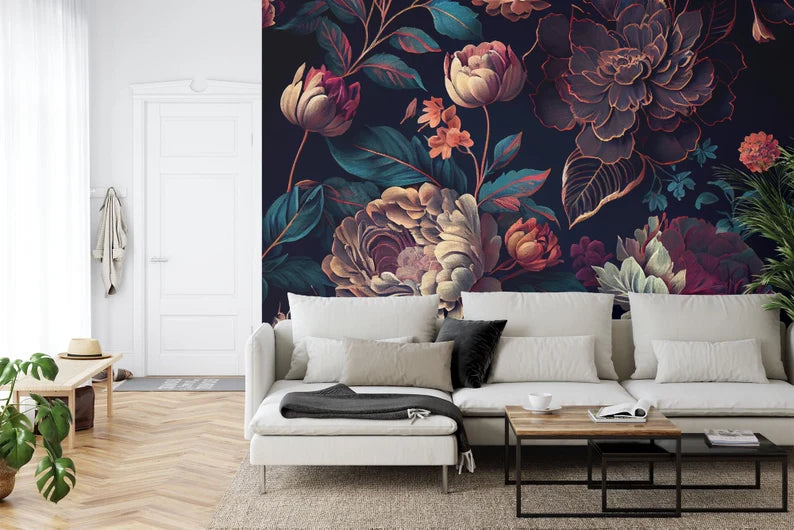 Close-up detail of baroque peony wall mural showing intricate floral petals in deep red and pink tones