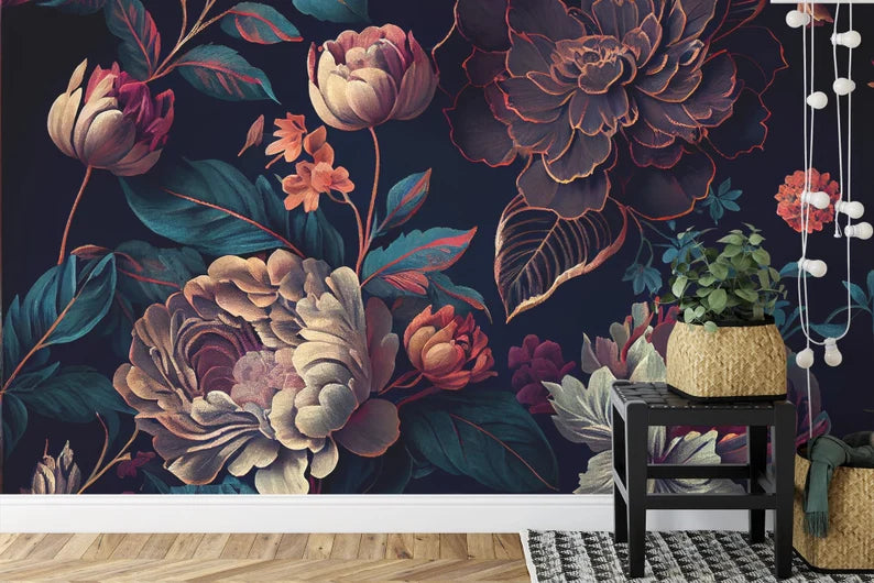 Baroque peony wallpaper installation example showing dramatic floral pattern on bedroom or living room wall