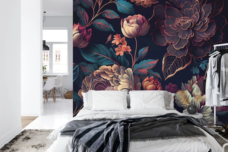Full view of baroque peony wall mural with lush oversized flowers in burgundy, pink and cream against dark background