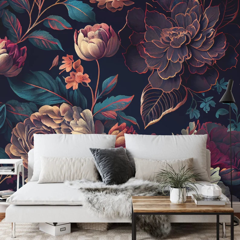 Baroque peony mural detail highlighting realistic flower textures and rich color depth