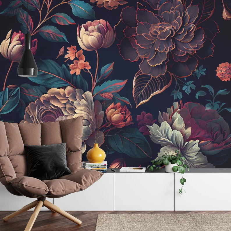 Baroque peony wall covering showing elegant vintage-inspired floral design with dramatic contrast