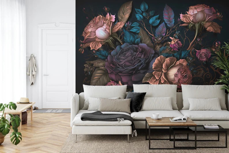 Baroque Peony Wall Mural, Rich Deep Colors Gift