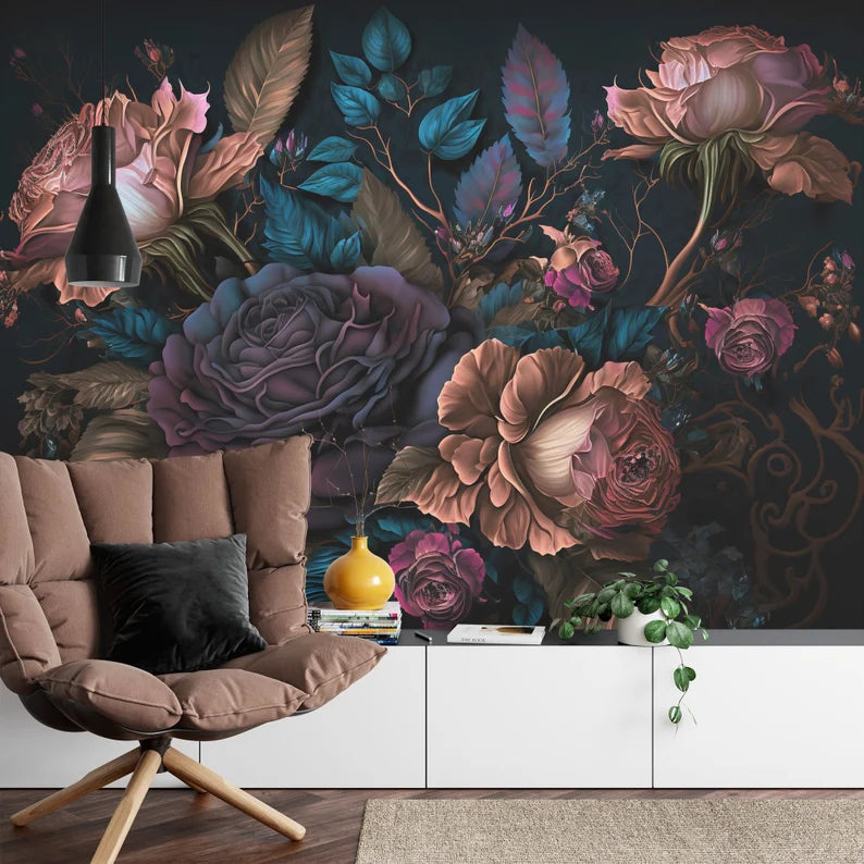 Baroque Peony Wall Mural, Rich Deep Colors Gift