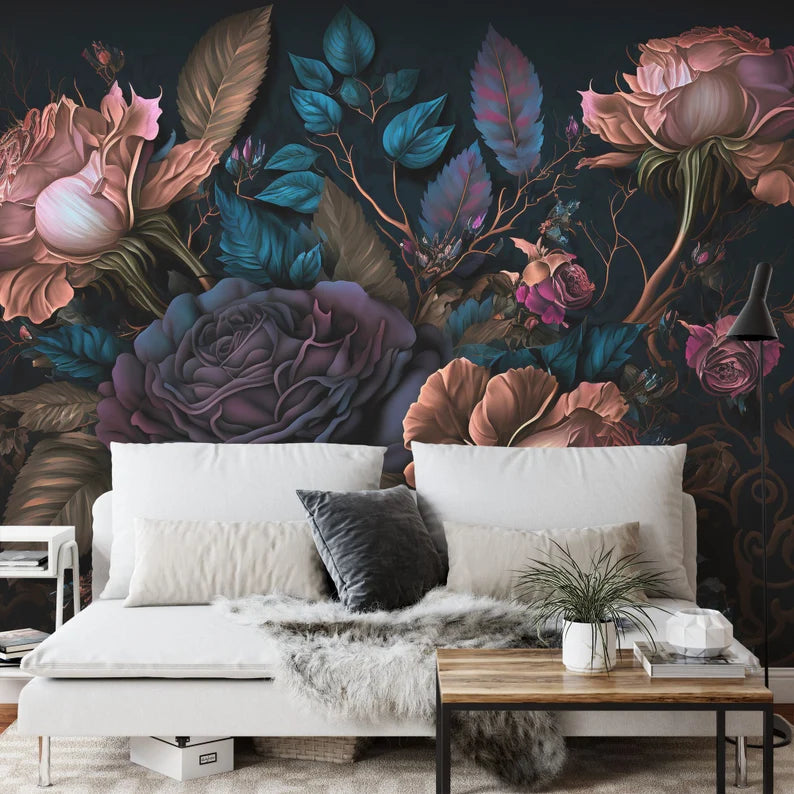 Baroque Peony Wall Mural, Rich Deep Colors Gift