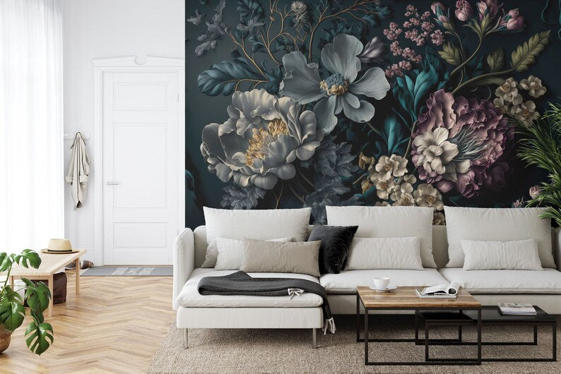 Baroque Peonies Wallpaper Mural, Rich Deep Colors, Gift