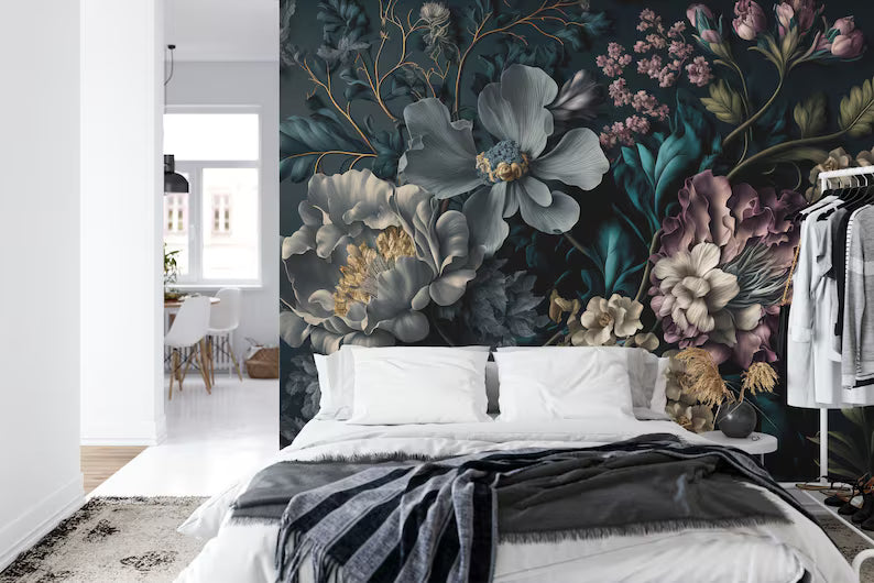 Baroque Peonies Wallpaper Mural, Rich Deep Colors, Gift