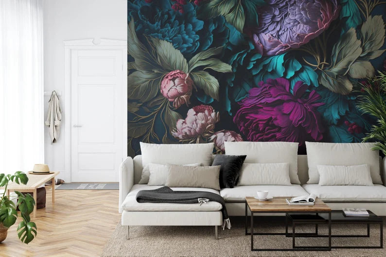 Baroque Floral Wall Mural, Rich Deep Colors, Peonies