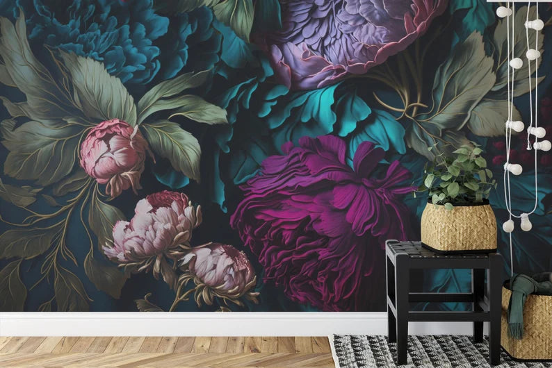 Baroque Floral Wall Mural, Rich Deep Colors, Peonies