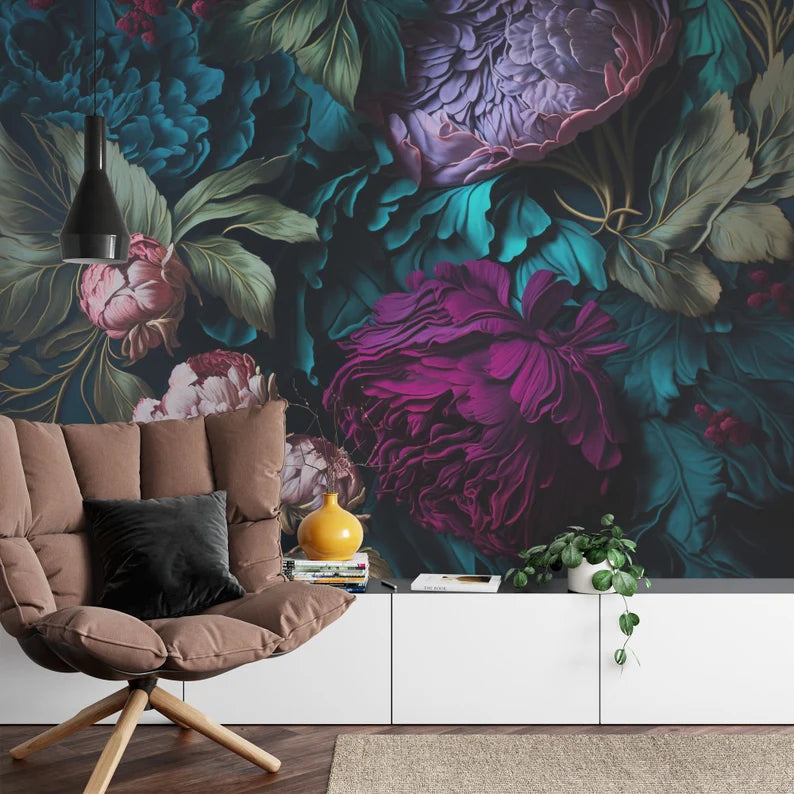 Baroque Floral Wall Mural, Rich Deep Colors, Peonies