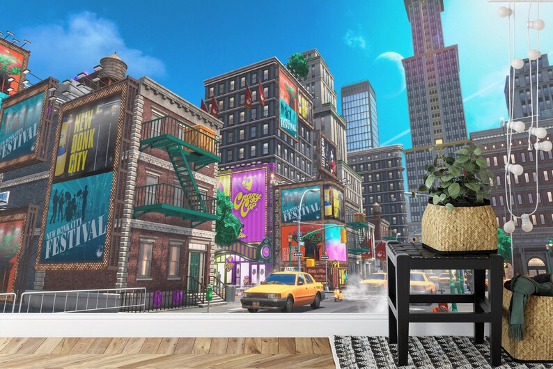 Cartoon Cityscape Wallpaper Mural, Kids Room Decor