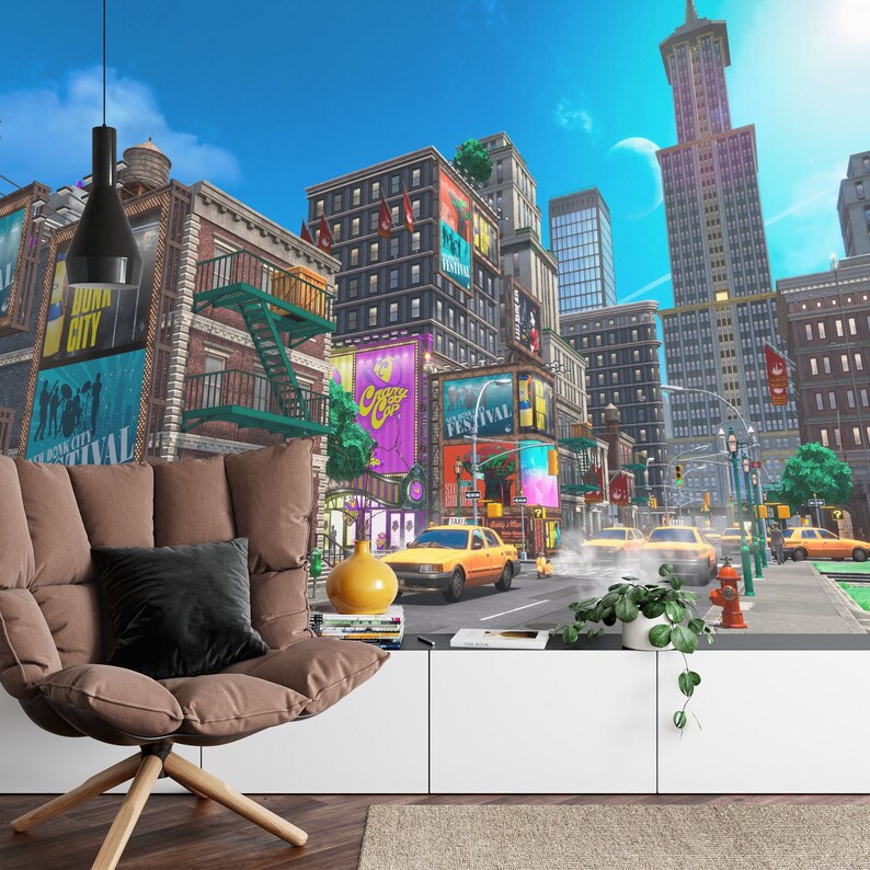 Cartoon Cityscape Wallpaper Mural, Kids Room Decor