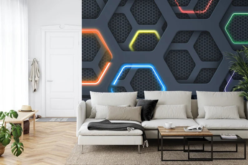 Neon Hexagon Gaming Room Wallpaper Mural