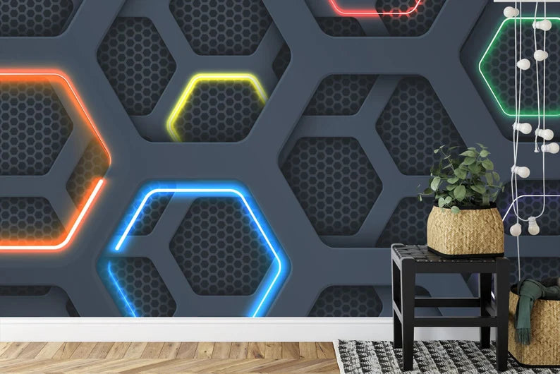 Neon Hexagon Gaming Room Wallpaper Mural