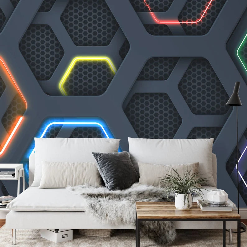 Neon Hexagon Gaming Room Wallpaper Mural