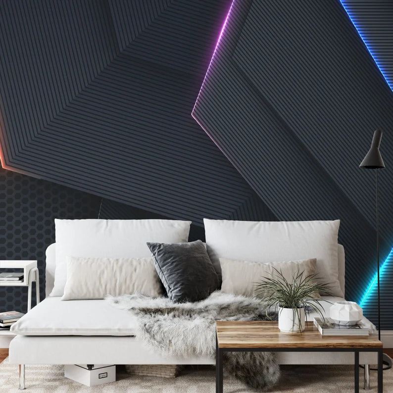 Neon Light Gaming Room Wallpaper Mural, Black Textured