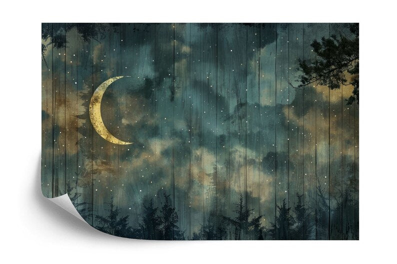 Enchanted Forest Night Sky Wallpaper Mural, Crescent Moon