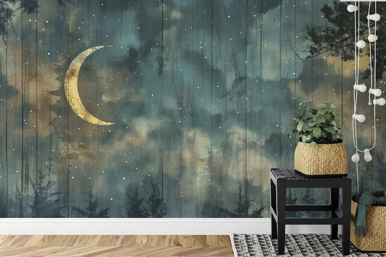 Enchanted Forest Night Sky Wallpaper Mural, Crescent Moon
