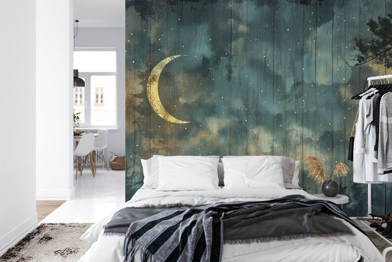 Enchanted Forest Night Sky Wallpaper Mural, Crescent Moon