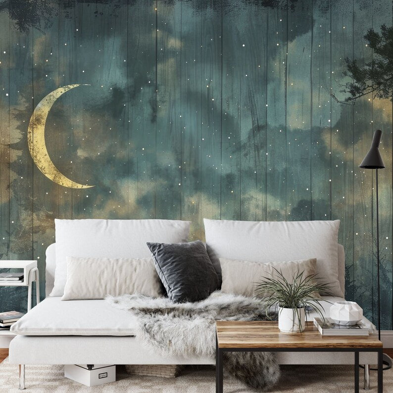 Enchanted Forest Night Sky Wallpaper Mural, Crescent Moon