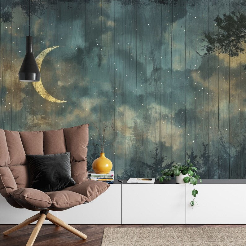 Enchanted Forest Night Sky Wallpaper Mural, Crescent Moon
