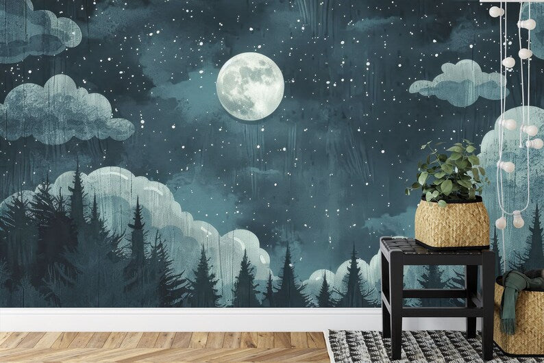Celestial Woodland Wallpaper Mural, Peel and Stick Art Print