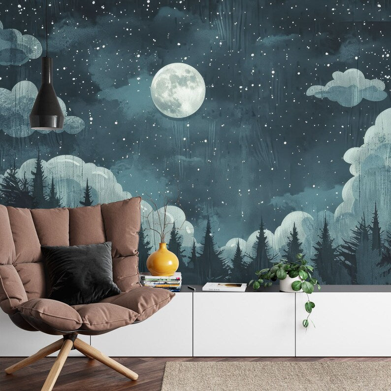 Celestial Woodland Wallpaper Mural, Peel and Stick Art Print