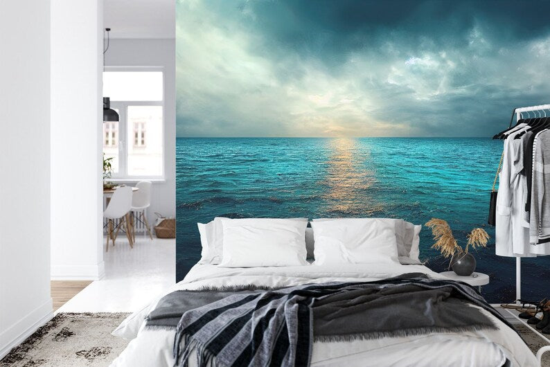 Ocean View Wall Mural, Calm Cloudy Seascape