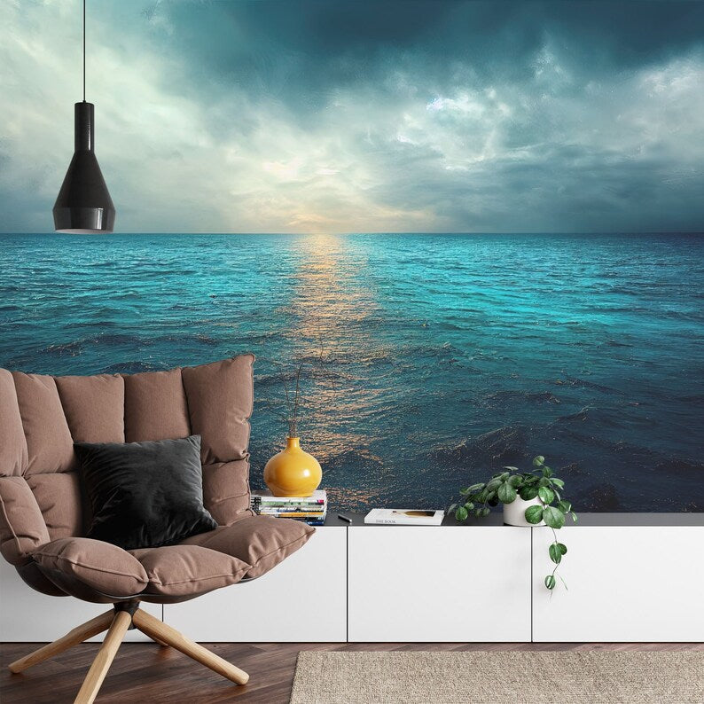 Ocean View Wall Mural, Calm Cloudy Seascape