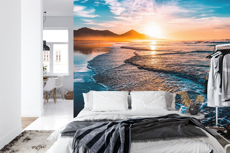 Nature view wall mural featuring tropical beach sunset with palm trees silhouette
