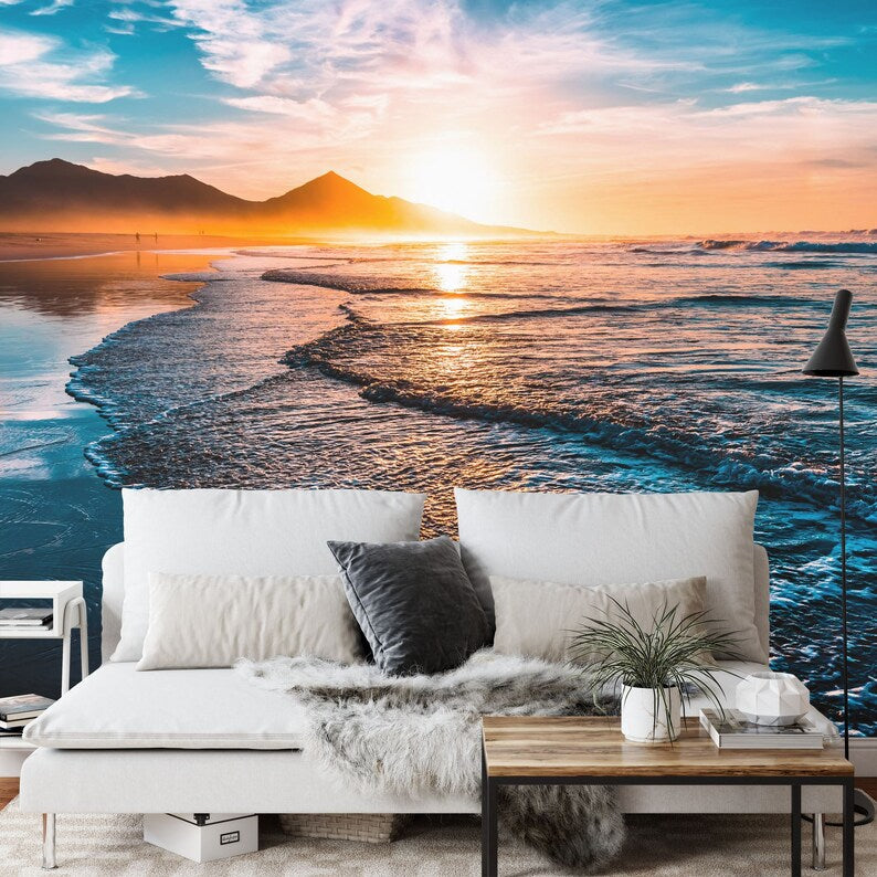 Tropical beach sunset wall art with warm amber and coral sky tones
