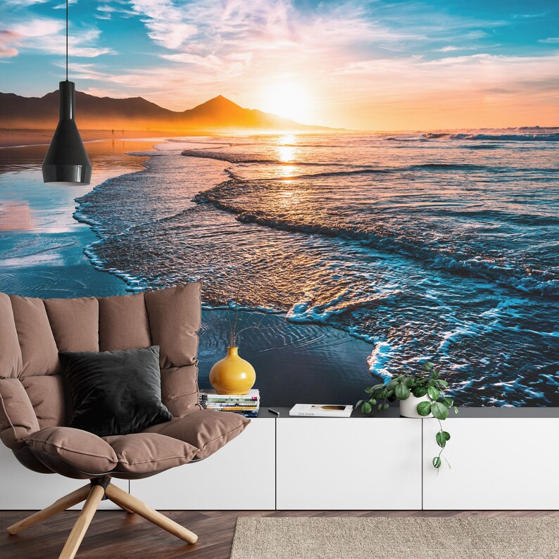 Ocean sunset mural depicting peaceful beach scene with soft pastel sky
