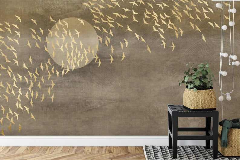 Japanese Gold Birds Wallpaper Mural, Peel and Stick Wall Decal