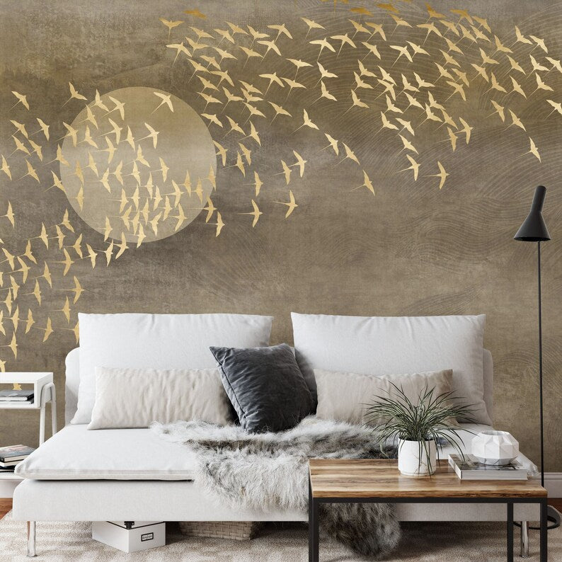 Japanese Gold Birds Wallpaper Mural, Peel and Stick Wall Decal