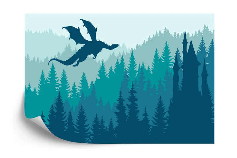 Full wall view of green forest dragon castle wallpaper mural creating magical atmosphere in children's room
