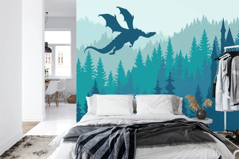Fantasy dragon castle wall mural with magical forest scene perfect for kids bedroom or playroom

