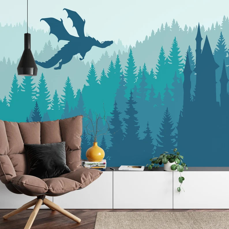 Dragon castle forest wallpaper installation example showing seamless pattern repeat in nursery setting
