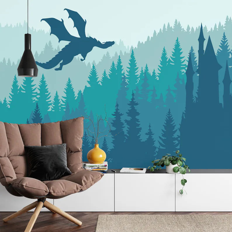 Green Forest Dragon Castle Nursery Wallpaper Mural