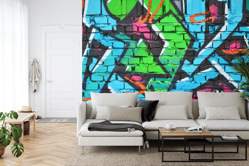 Graffiti Brick Wall Mural, Colorful Urban Art Wallpaper