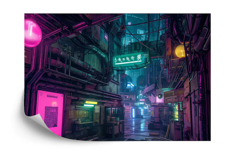 Futuristic city wallpaper mural with vibrant neon lighting and cyberpunk-inspired urban design
