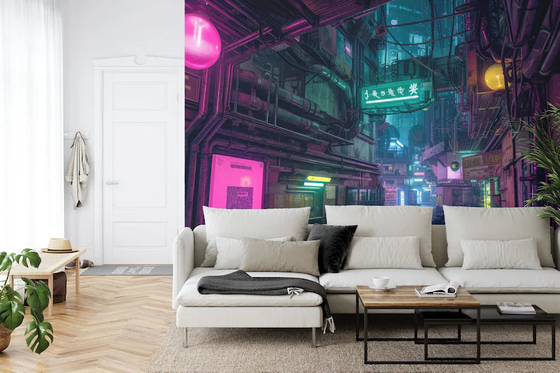 Cyberpunk cityscape wallpaper featuring neon-lit buildings and urban architecture in purple and blue tones
