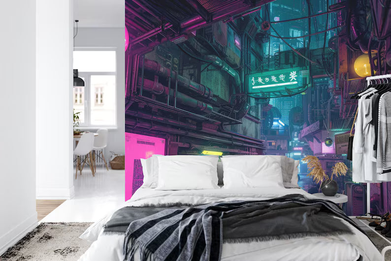 Vibrant cyberpunk wallpaper mural showcasing illuminated city buildings with neon accents
