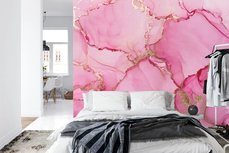 Pink Marble Watercolor Wallpaper Mural, Easy-Install