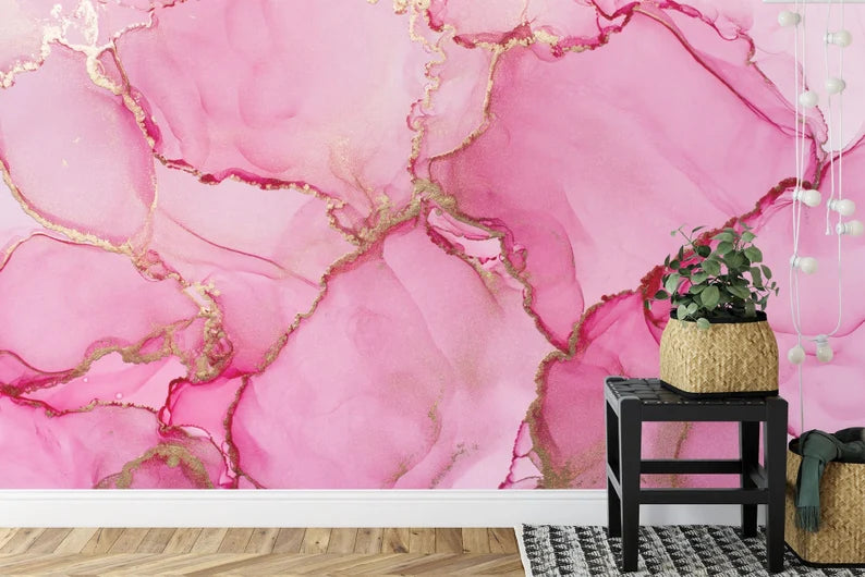 Pink Marble Watercolor Wallpaper Mural, Easy-Install