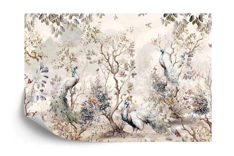 Chinoiserie Peacock Wallpaper Mural: Watercolor Trees & Flowers