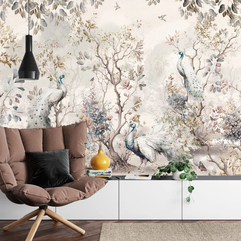 Chinoiserie Peacock Wallpaper Mural: Watercolor Trees & Flowers