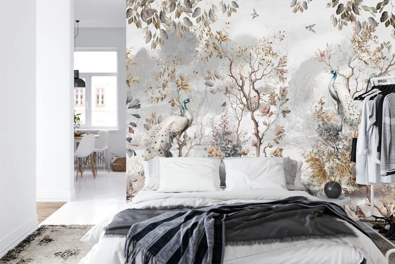 Chinoiserie Peacock Wallpaper Mural, Trees and Flowers