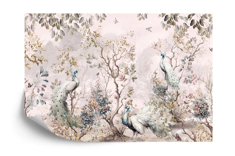 Chinoiserie Watercolor Peacock with Trees and Flowers Gift Art Print Photomural Wallpaper Mural Easy-Install