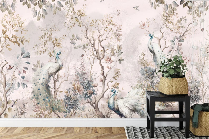 Chinoiserie Watercolor Peacock with Trees and Flowers Gift Art Print Photomural Wallpaper Mural Easy-Install