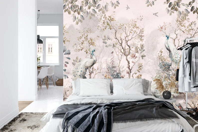 Chinoiserie Watercolor Peacock with Trees and Flowers Gift Art Print Photomural Wallpaper Mural Easy-Install
