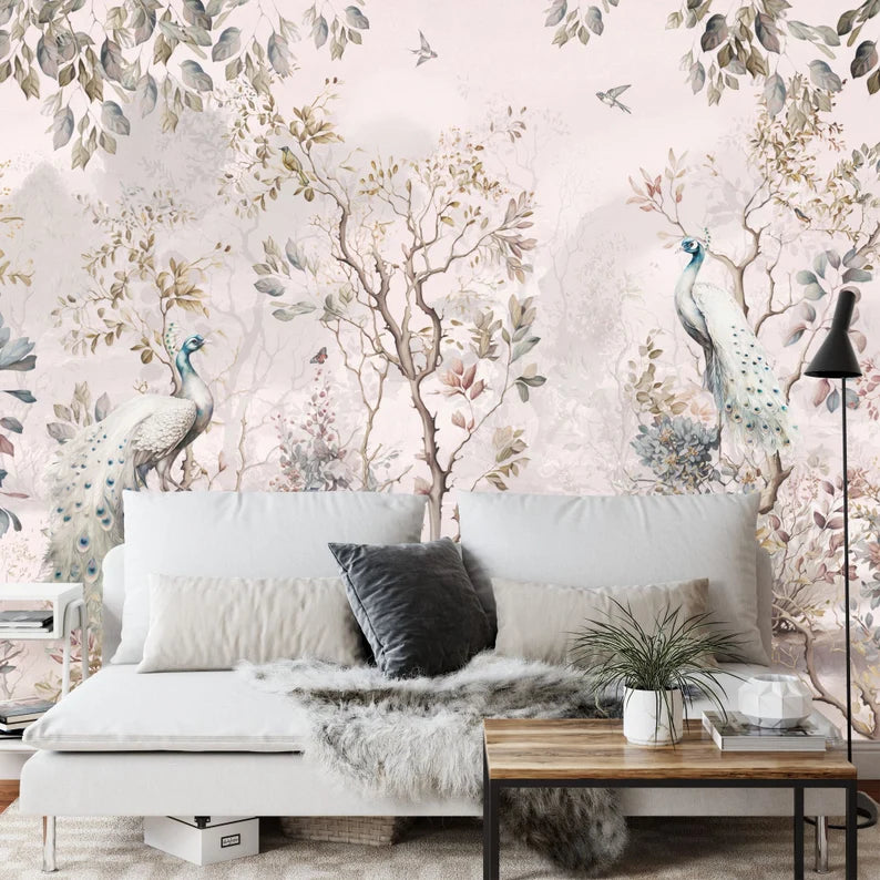 Chinoiserie Watercolor Peacock with Trees and Flowers Gift Art Print Photomural Wallpaper Mural Easy-Install